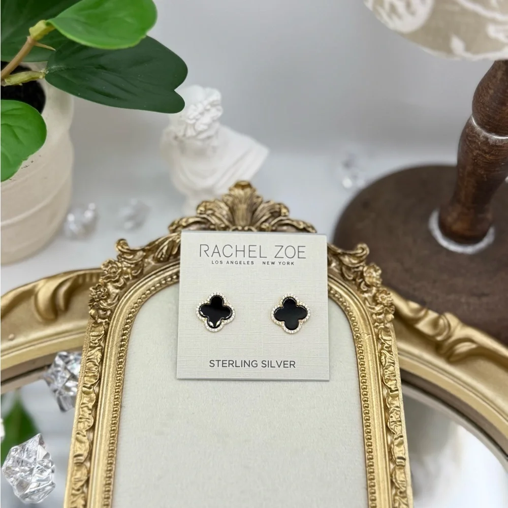 Rachel Zoe Sterling Silver Black Clover Stud Earrings – Alhambra Inspired